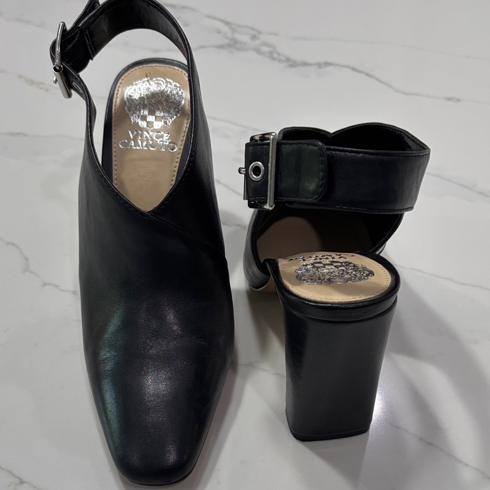 Vince Camuto Black Leather Block Heel Slingback with Buckle Strap